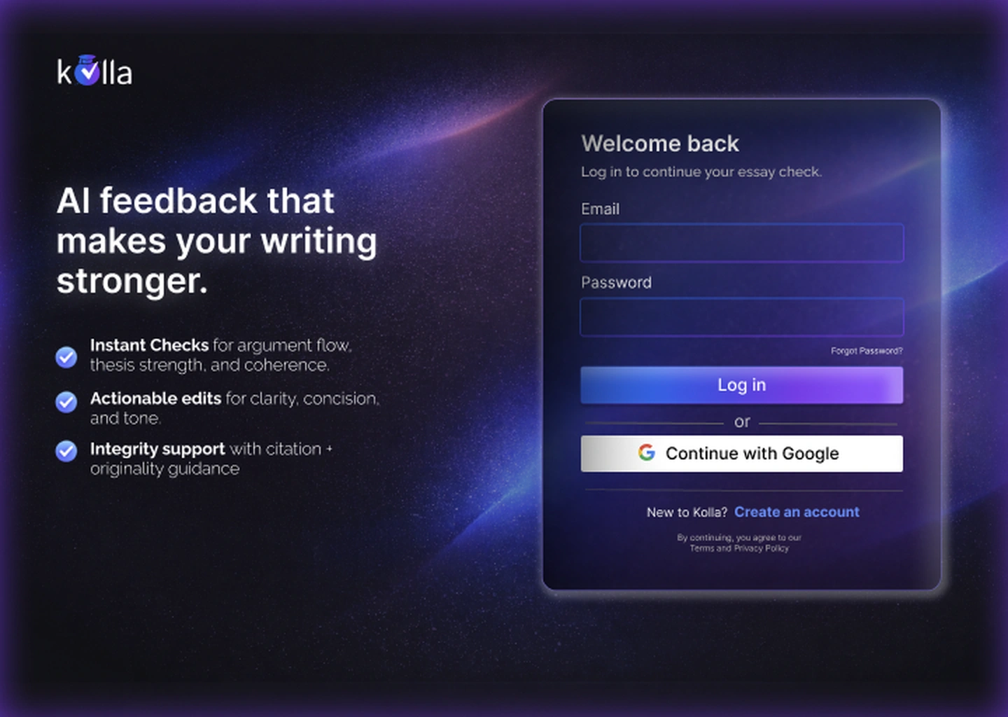 Kolla login screen, dark mode