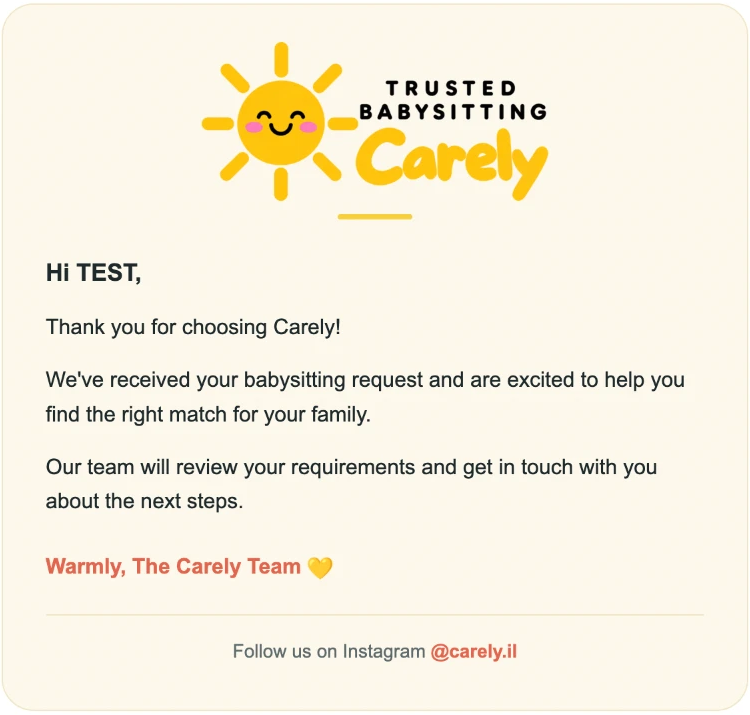 Carely confirmation email thanking a family for their babysitting request