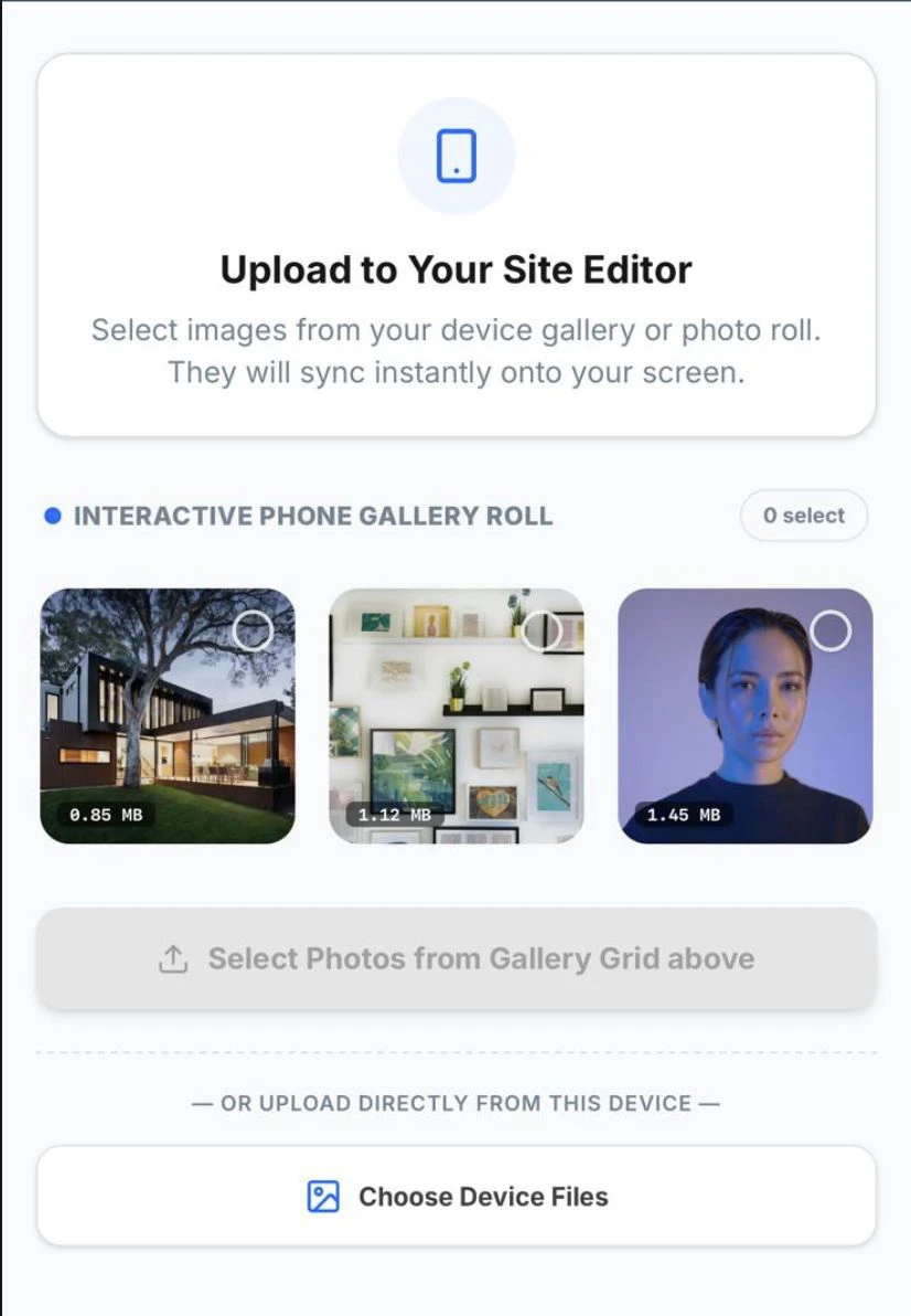Mobile gallery prototype before a photo is selected