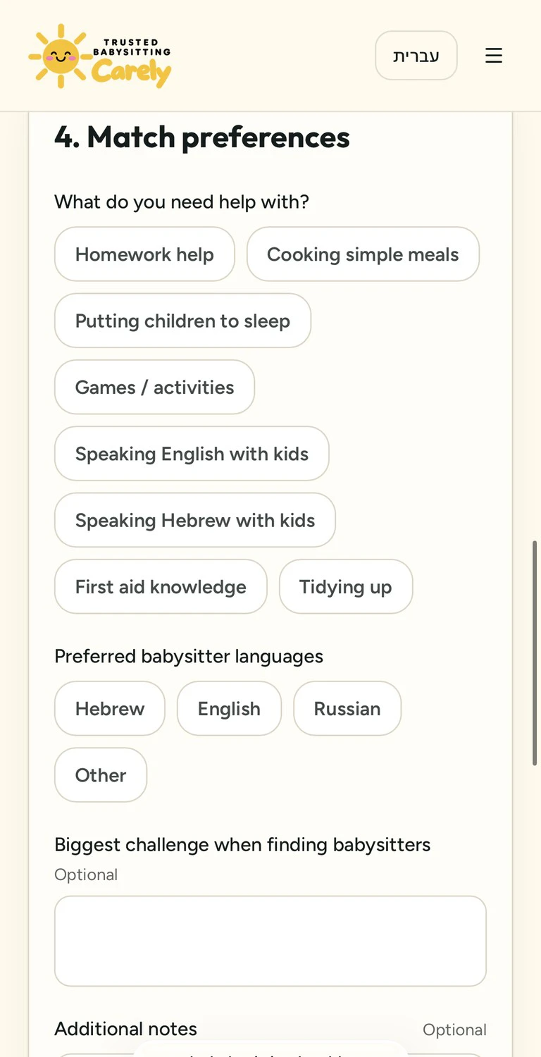 Parent registration match preferences including help needed and preferred languages