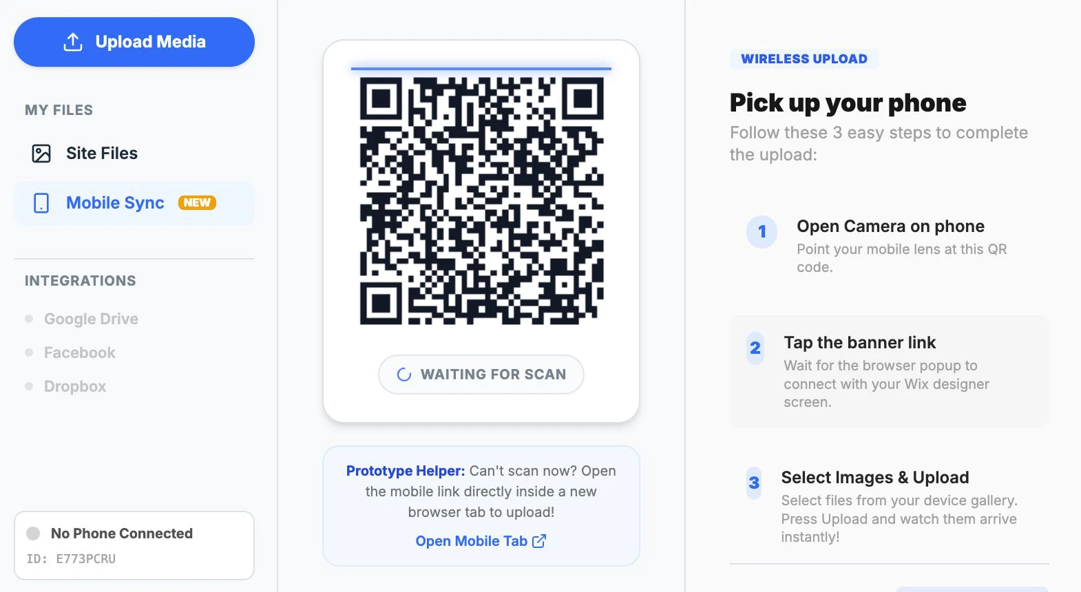 Desktop QR handoff prototype with instructions and waiting-for-scan state