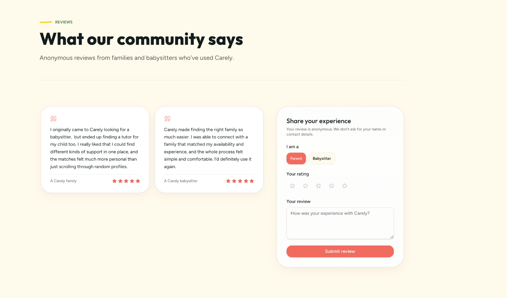 Carely anonymous reviews section with a share-your-experience form
