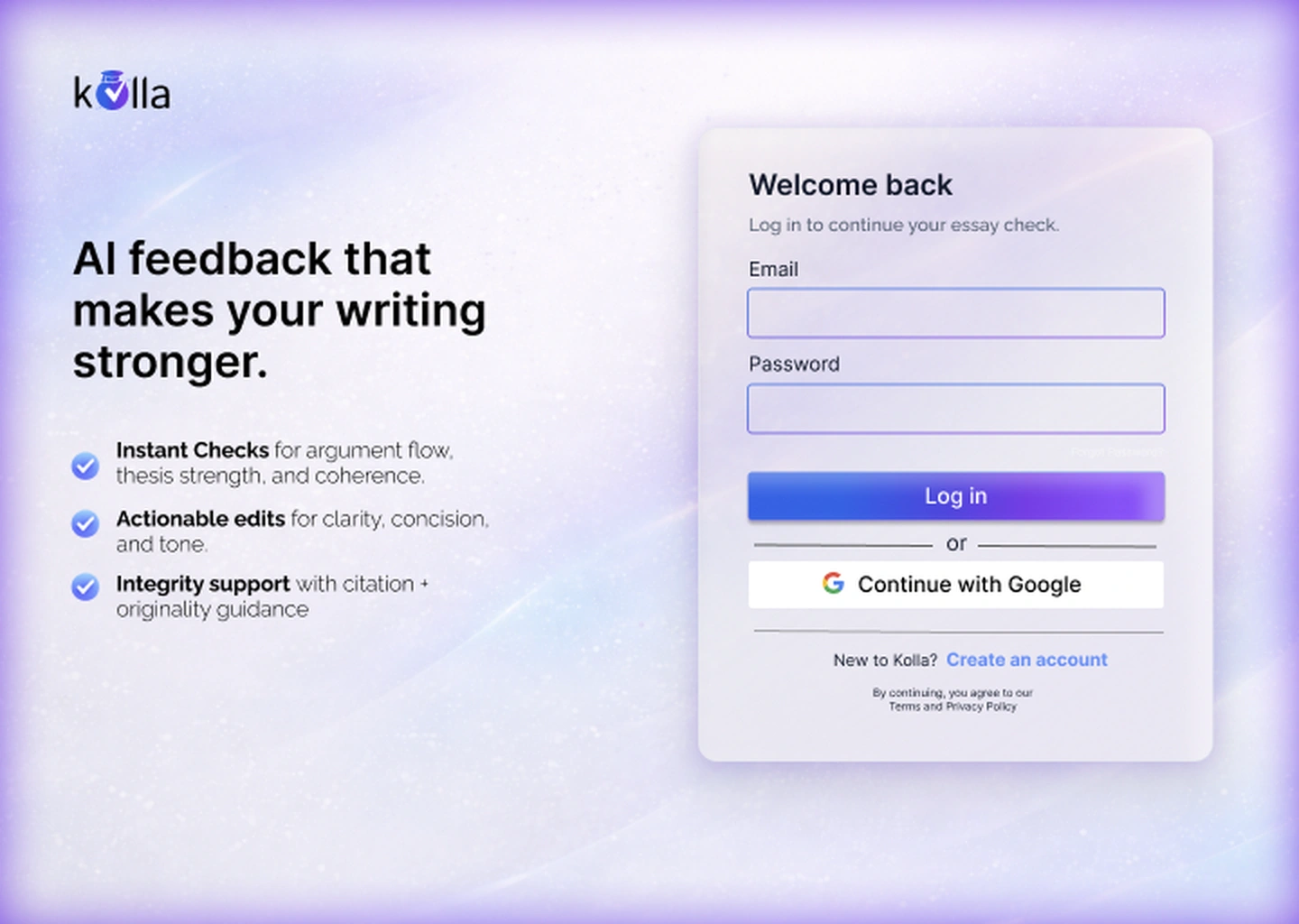 Kolla login screen, light mode