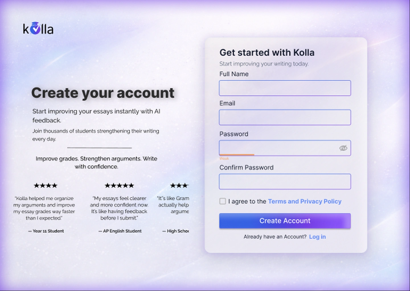 Kolla create-account screen, light mode