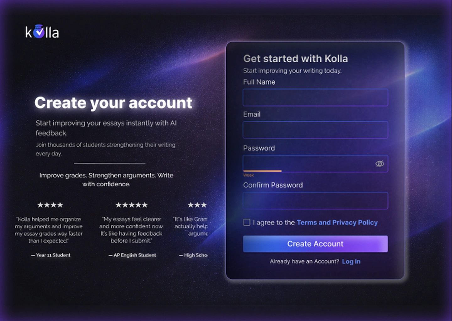 Kolla create-account screen, dark mode