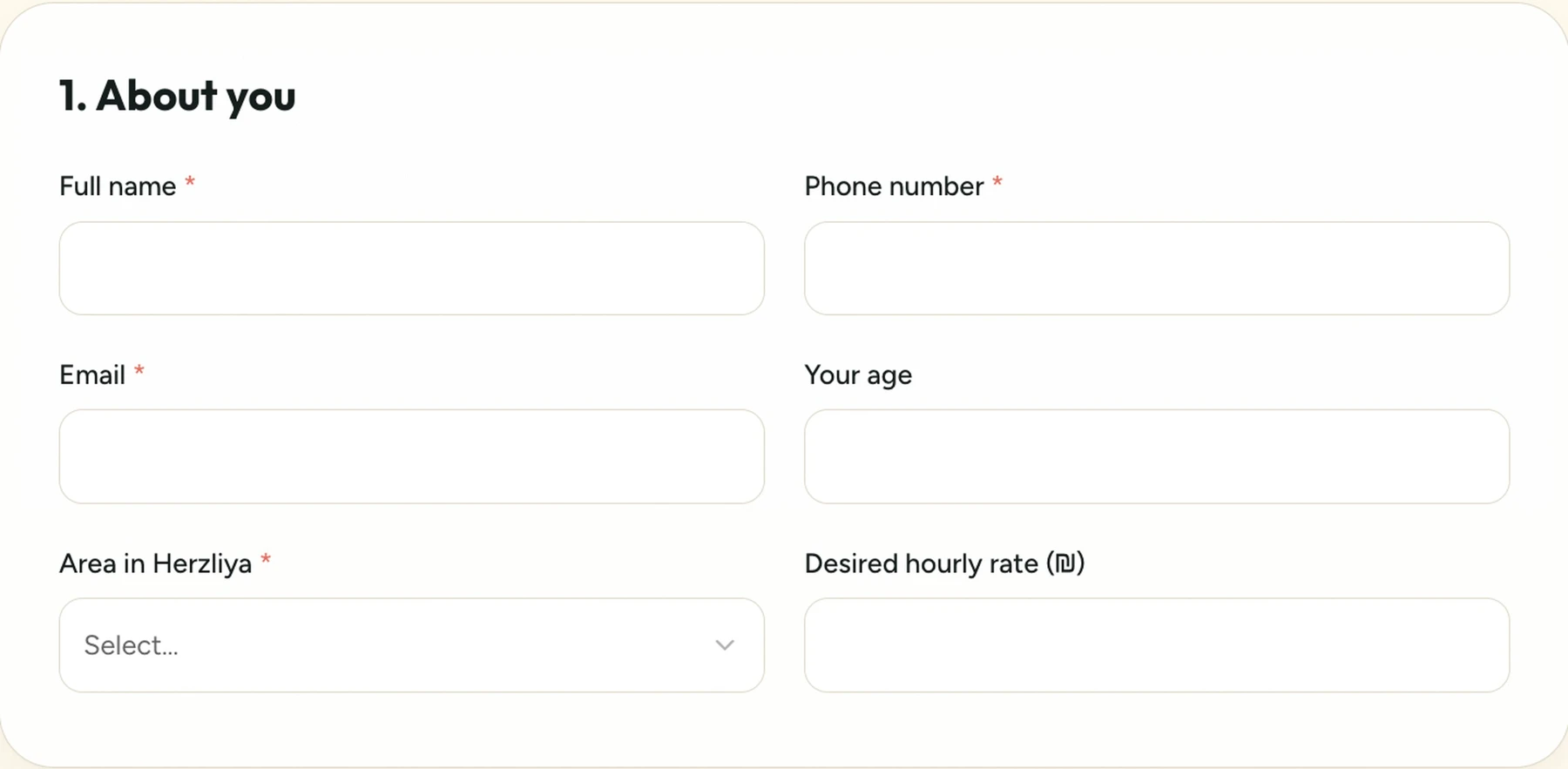 Carely About you form with numbered section, clear field labels and required markers